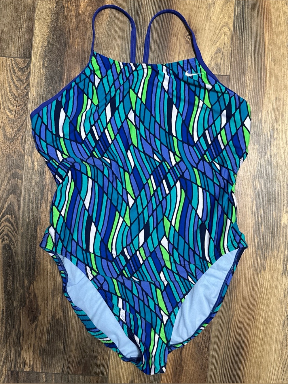 NIKE Women's Blue Green Printed Open Back Round Neck One Piece Swimsuit Size 12